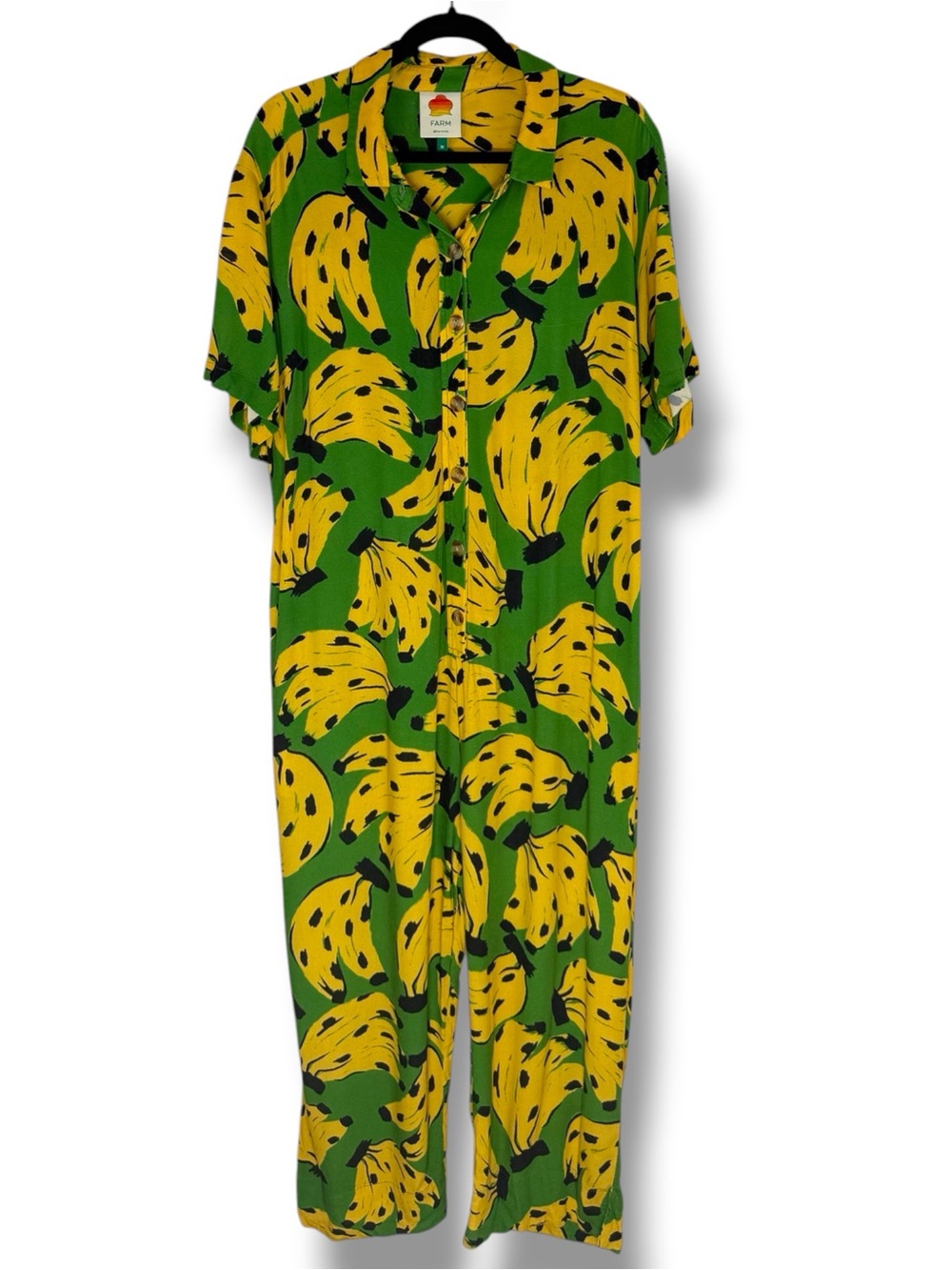 Farm Rio Bossa Banana Jumpsuit Size M Novelty Print Green Tropical Vacation RARE - Picture 2 of 16